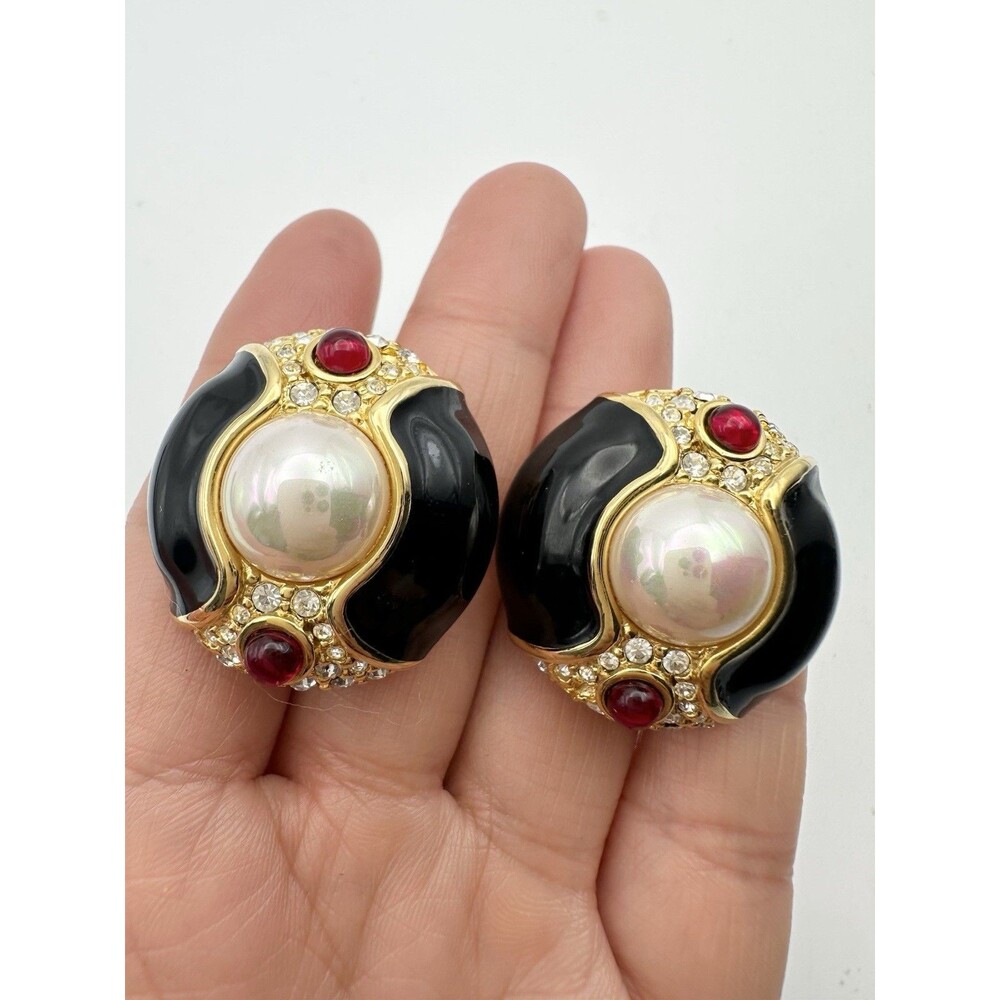 Vintage Nolan Miller Mogul Glass Faux Pearl Clip On Earrings READ